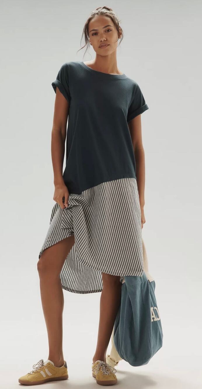 Anthropologie Daily Practice Final Lap Twofer Midi Dress L Navy Striped Cotton